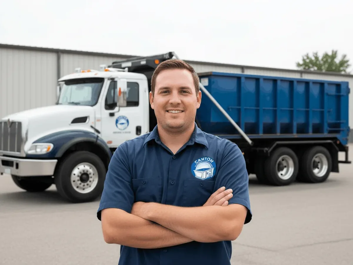 Speaking with a Canton Dumpster Rental Group driver beside a roll-off container